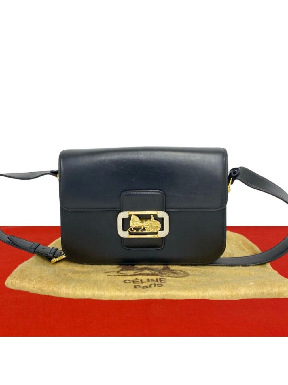 Celine Vintage Logo Carriage Calf Leather Shoulder Bag Pochette Black